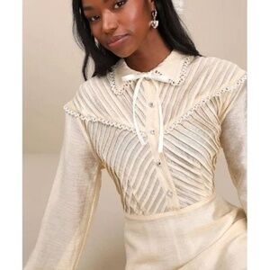 sister Jane White Pony Cream Sheer Pintuck Lace Long Sleeve Collared Midi Dress